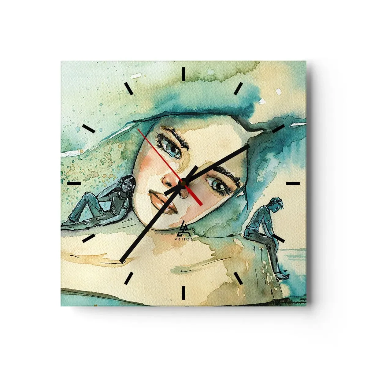 Reloj de pared - Reloj de vidrio - Acuarela de rostro de mujer con motivo reflectante. - 30x30cm - ¿Soy azul? - Decoración de pared moderna para salón y dormitorio ARTTOR