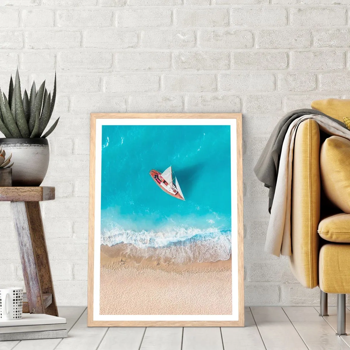 Póster en marco roble claro - Frontera celeste y dorada - 70x100 cm