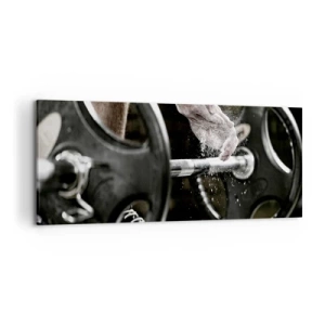 Cuadro sobre lienzo - Impresión de Imagen - Mancuernas y manos de un atleta preparándose para el entrenamiento. - 120x50cm - ¡Reto aceptado! - Decoración de pared moderna para salón y dormitorio ARTTOR