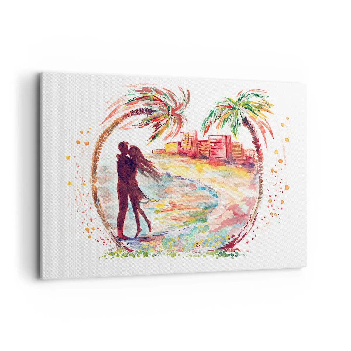 Cuadro sobre lienzo - Impresión de Imagen - Escena romántica de pareja en una playa con palmeras en acuarela - 120x80cm - Unas vacaciones románticas - Decoración de pared moderna para salón y dormitorio ARTTOR