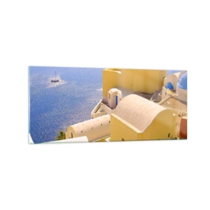 Cuadro sobre vidrio - Impresiones sobre Vidrio - Arquitectura griega con vistas al mar y un barco al fondo. - 120x50cm - Paisaje griego en blanco y azul - Decoración de pared moderna para salón y dormitorio ARTTOR