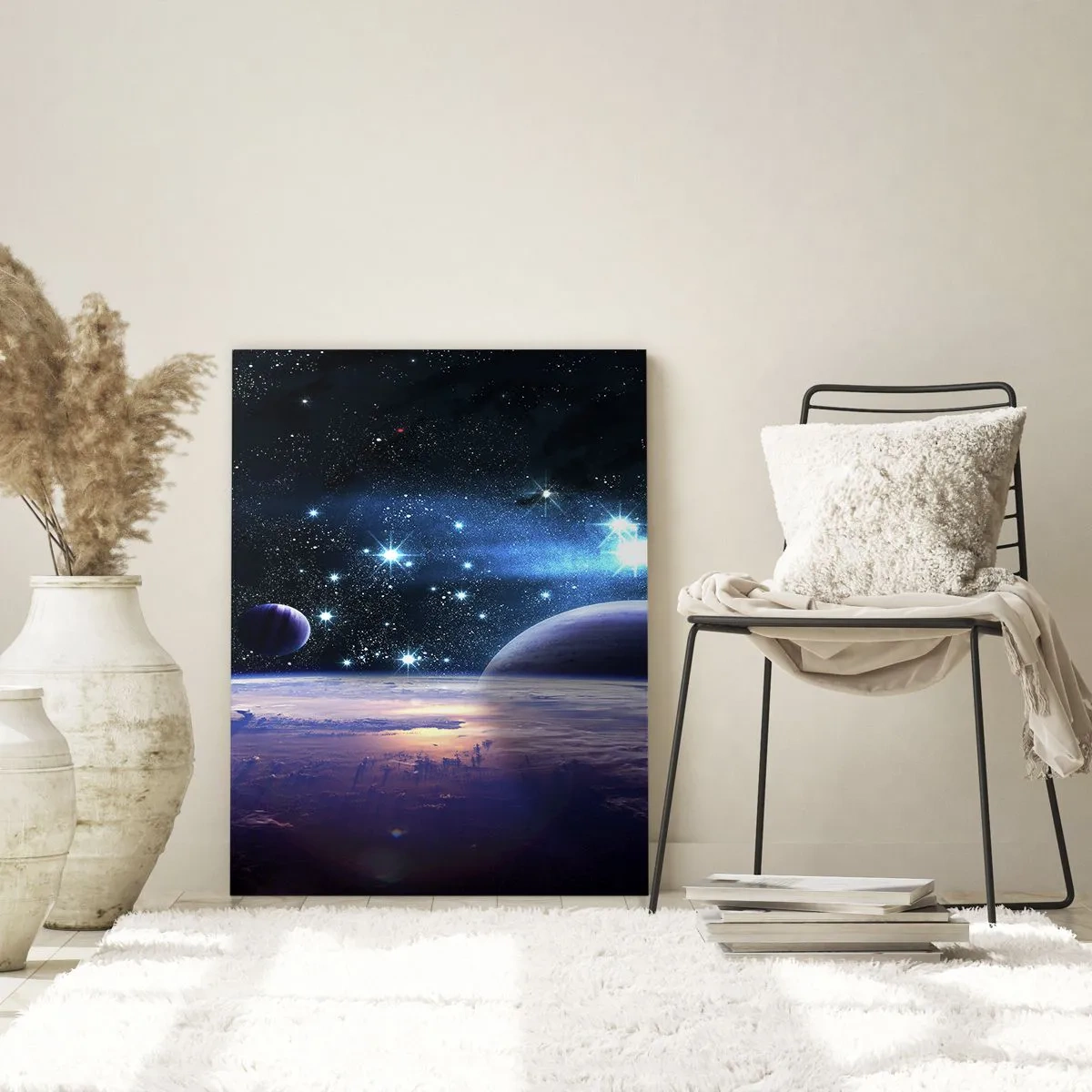 Cuadro sobre vidrio - Impresiones sobre Vidrio - Un paisaje espacial con planetas y estrellas sobre el fondo de una galaxia. - 50x70cm - ¿Sigues solo? - Decoración de pared moderna para salón y dormitorio ARTTOR