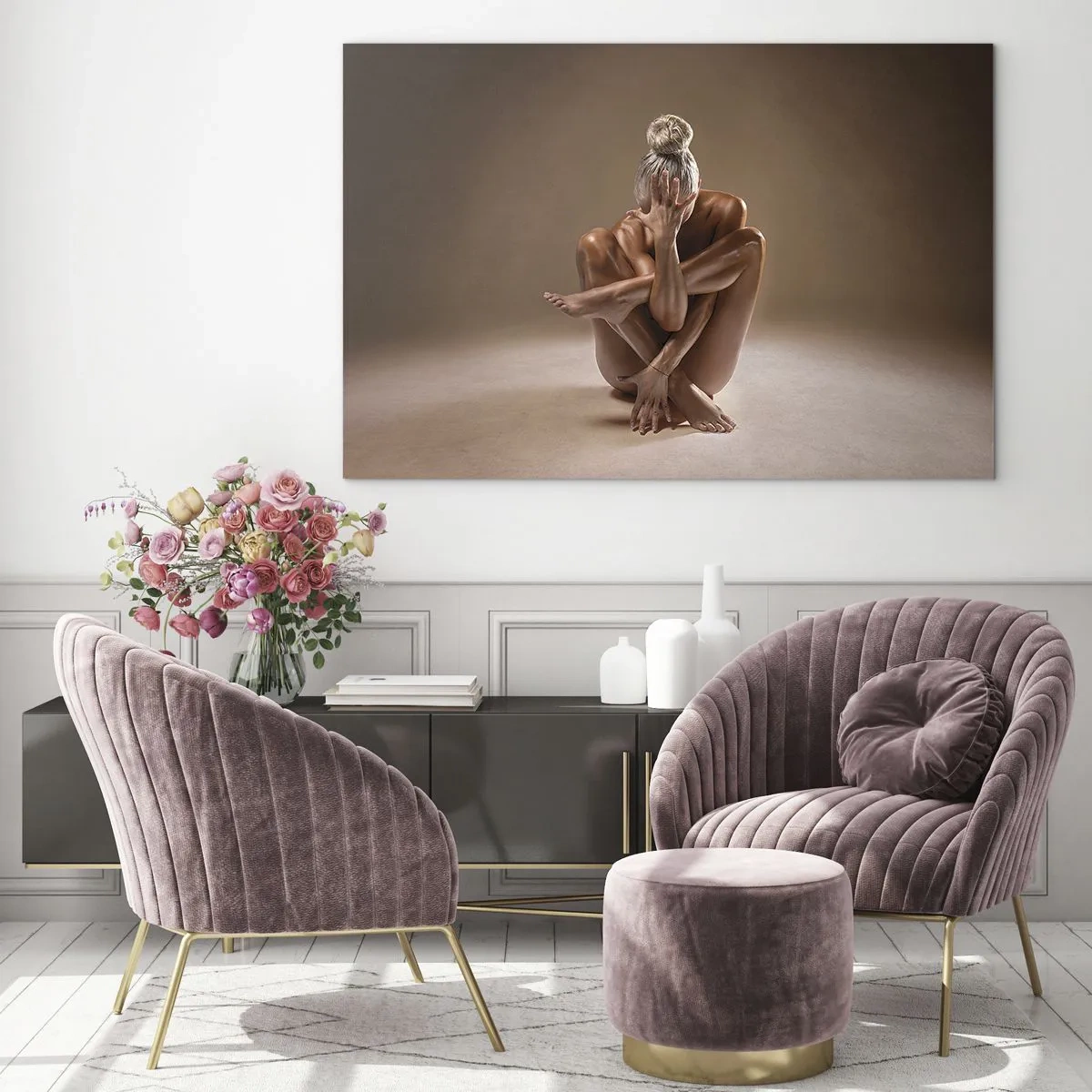 Cuadro sobre vidrio - Impresiones sobre Vidrio - Una mujer sensual en una pose artística contra un fondo de sombras. - 70x50cm - Unidad de cuerpo y espíritu - Decoración de pared moderna para salón y dormitorio ARTTOR