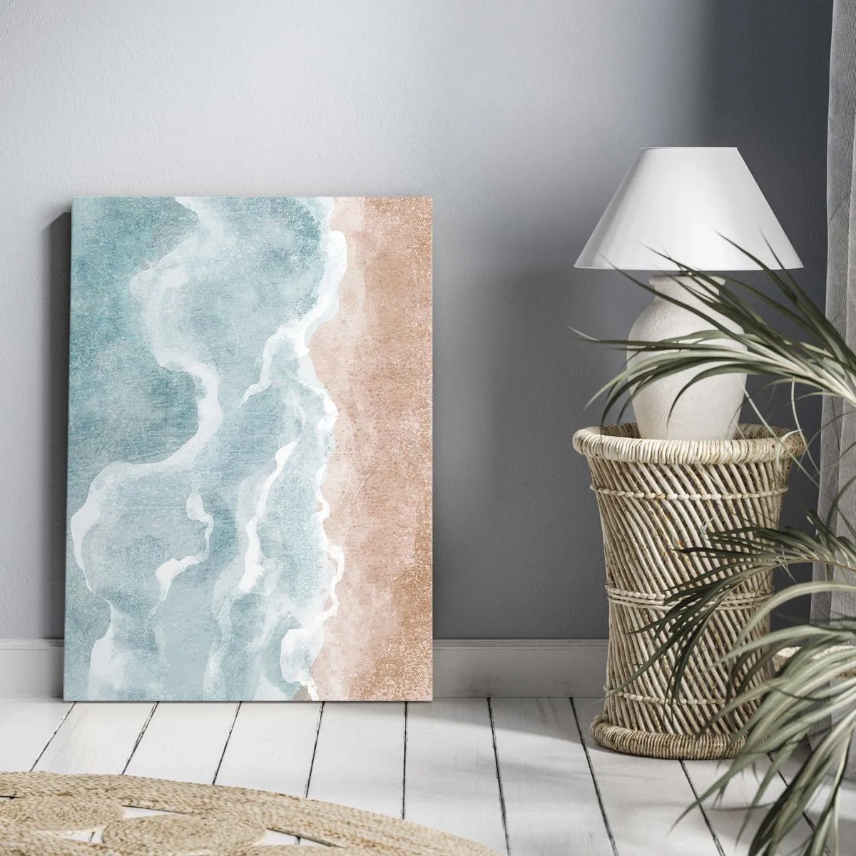 Cuadro sobre lienzo - Impresión de Imagen - Playa abstracta con olas en tonos azules y beige. - 70x100cm - Abstracción de nubes - Decoración de pared moderna para salón y dormitorio ARTTOR