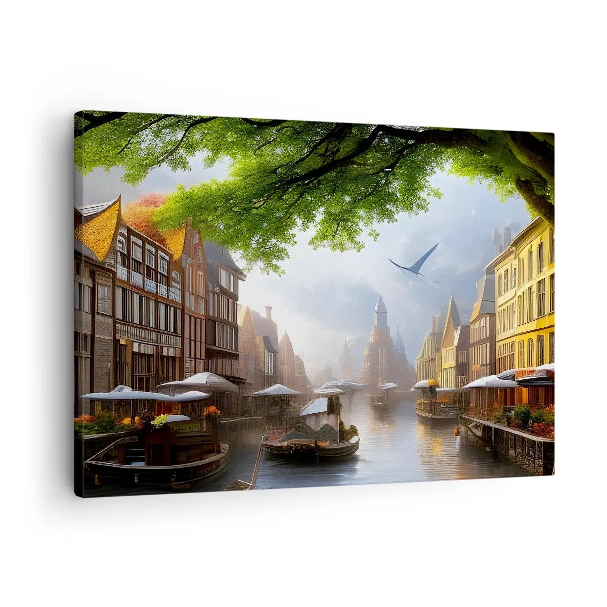 Cuadro sobre lienzo - Impresión de Imagen - Un pintoresco paisaje holandés con un canal y casas de vecindad. - 70x50cm - Paisaje urbano holandés - Decoración de pared moderna para salón y dormitorio ARTTOR