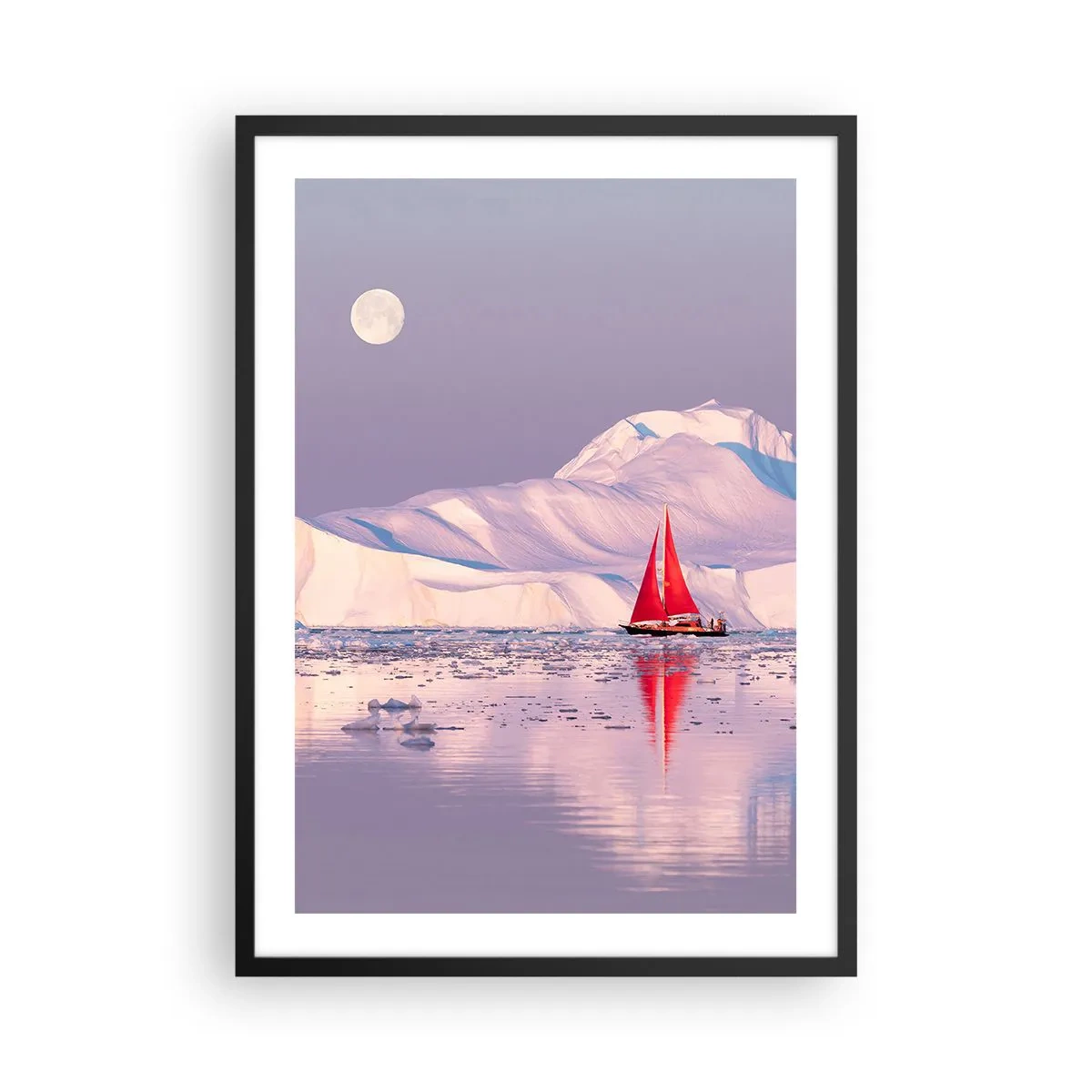 Póster en marco negro - Una vela roja con un fondo de icebergs bajo la luna llena. - 50x70cm - El calor de la vela, el frío del hielo - Decoración de pared moderna para salón y dormitorio ARTTOR