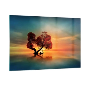 Cuadro sobre vidrio - Impresiones sobre Vidrio - Un árbol con hojas rojas con el atardecer como telón de fondo. - 120x80cm - La lejanía y el silencio del mundo - Decoración de pared moderna para salón y dormitorio ARTTOR