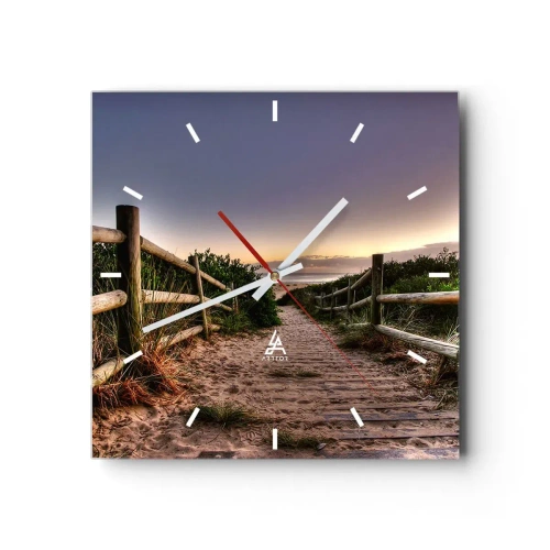 Reloj de pared - Reloj de vidrio - Camino de madera en las dunas que conduce a la playa al atardecer - 30x30cm - Objetivo a la vista - Decoración de pared moderna para salón y dormitorio ARTTOR