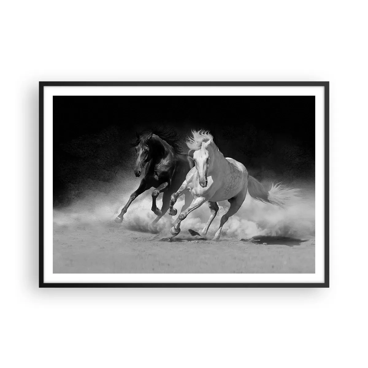 Póster en marco negro - Caballos corriendo en blanco y negro - 100x70cm - El galope de la libertad - Decoración de pared moderna para salón y dormitorio ARTTOR