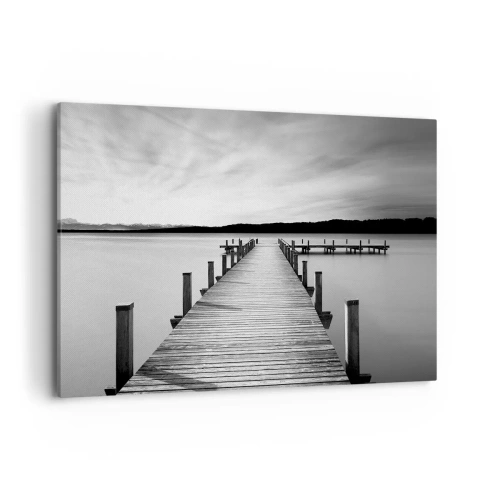 Cuadro sobre lienzo - Impresión de Imagen - Un embarcadero blanco y negro en un lago tranquilo. - 120x80cm - En el lago de la paz - Decoración de pared moderna para salón y dormitorio ARTTOR