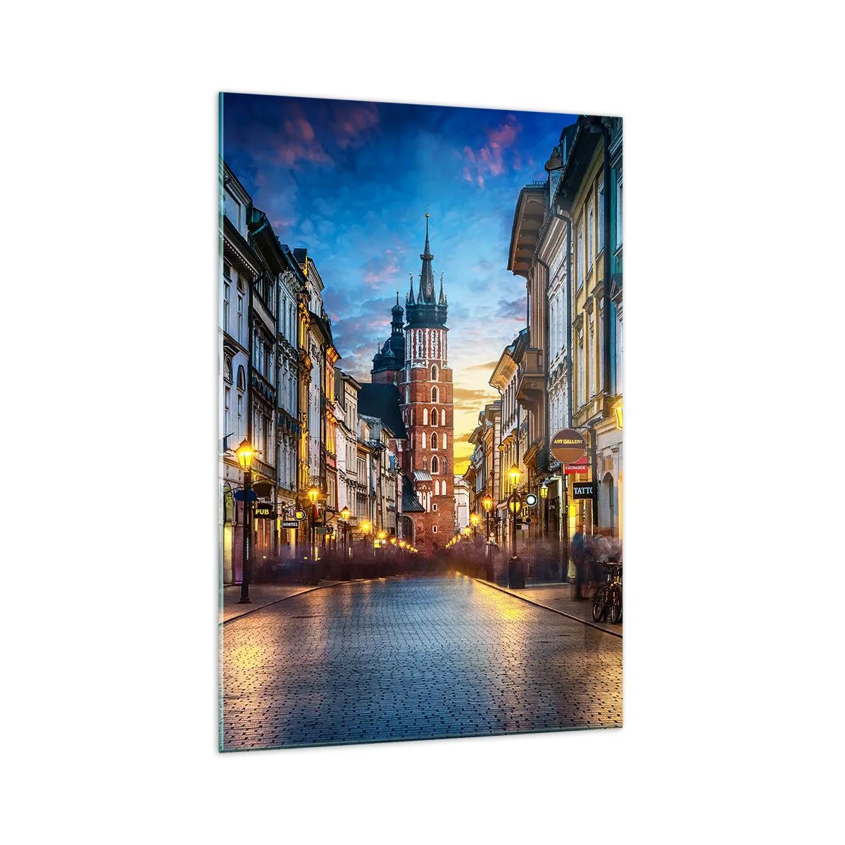 Cuadro sobre vidrio - Impresiones sobre Vidrio - Calle al atardecer con vistas a la Catedral de Cracovia - 70x100cm - El encanto de Cracovia - Decoración de pared moderna para salón y dormitorio ARTTOR