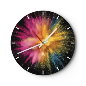 Reloj de pared - Reloj de vidrio - Reloj de pared en forma de reloj redondo sobre cristal con efecto de explosión de polvo de colores en tonos rosa, amarillo y azul sobre fondo negro. - 30x30cm - El nacimiento de los colores