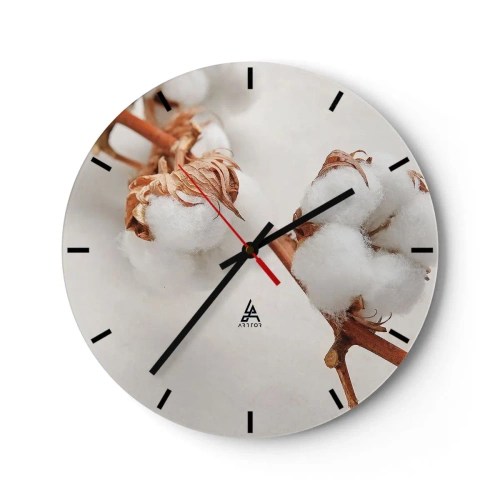 Reloj de pared - Reloj de vidrio - Flores de algodón blancas y esponjosas sobre un fondo claro - 30x30cm - Un suave tacto - Decoración de pared moderna para salón, cocina y dormitorio ARTTOR