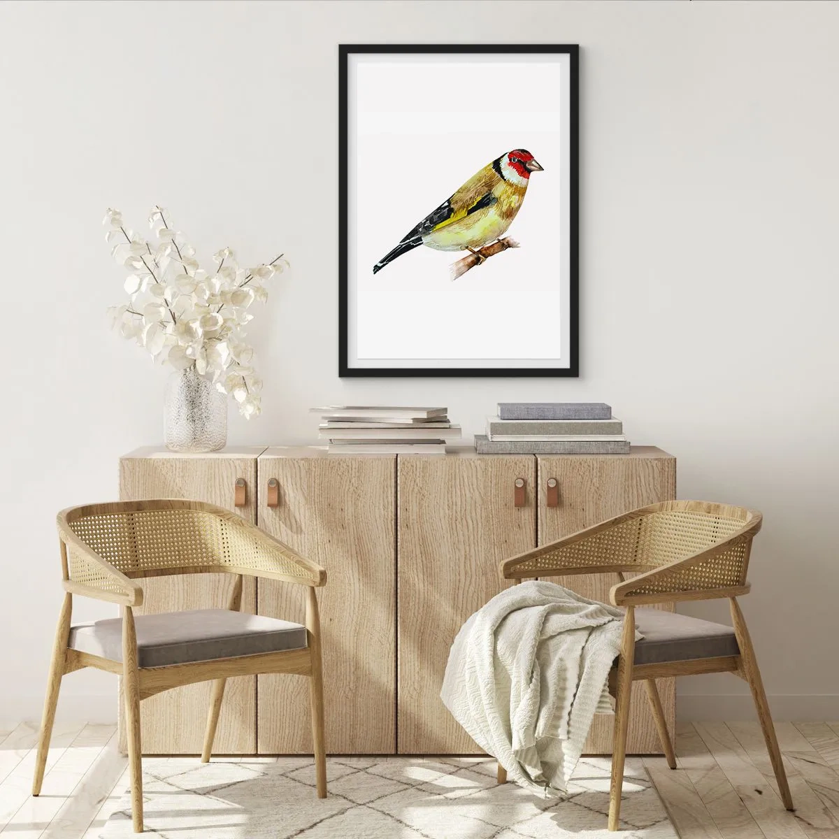 Póster en marco negro - Jilguero en una rama en estilo acuarela - 50x70cm - Retrato de pájaro - Decoración de pared moderna para salón y dormitorio ARTTOR