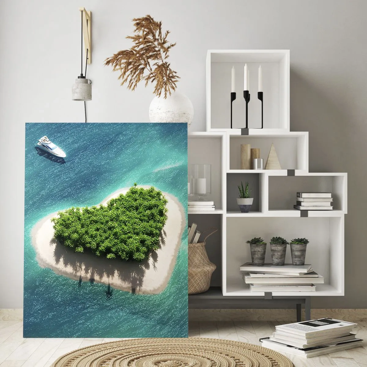 Cuadro sobre vidrio - Impresiones sobre Vidrio - Ilustración de una isla en forma de corazón con un barco contra un mar turquesa - 50x70cm - Me encanta el verano - Decoración de pared moderna para salón y dormitorio ARTTOR