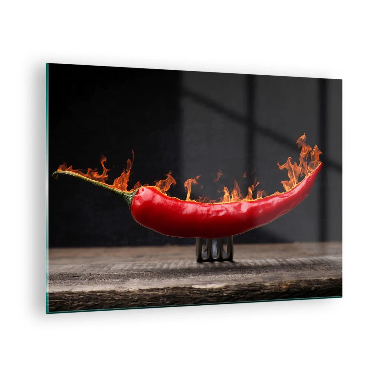 Cuadro sobre vidrio - Impresiones sobre Vidrio - Pimiento rojo ardiente sobre un fondo negro - 70x50cm - Un aperitivo ardiente - Decoración de pared moderna para salón y dormitorio ARTTOR