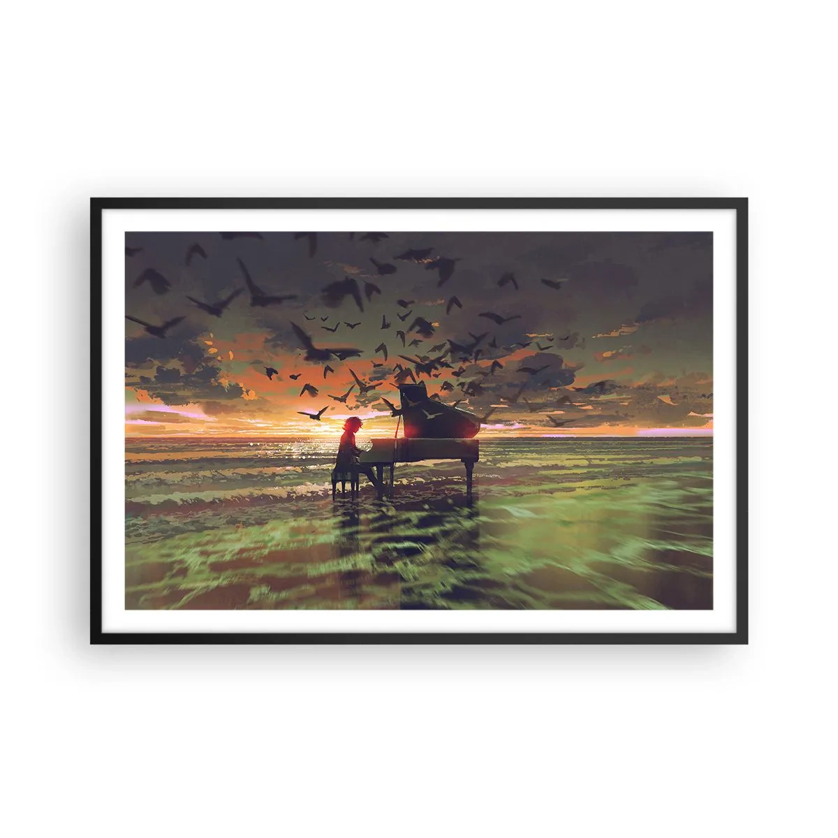 Póster en marco negro - Concierto de piano y olas - 91x61 cm