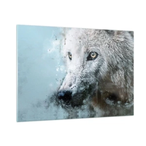 Cuadro sobre vidrio - Impresiones sobre Vidrio - Retrato de lobo con acentos artísticos y difuminados en tonos azules. - 100x70cm - Conoce el alma del lobo - Decoración de pared moderna para salón y dormitorio ARTTOR