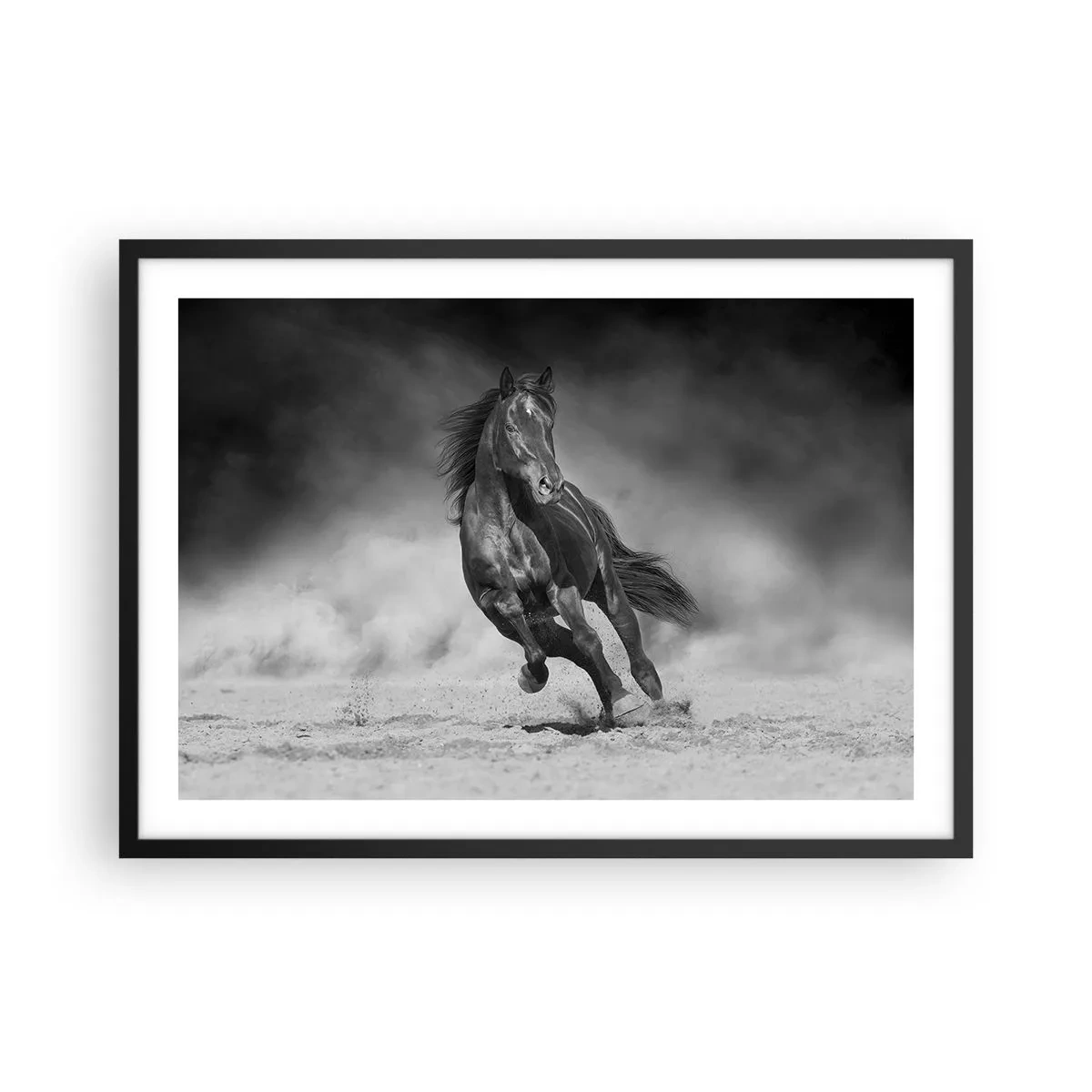 Póster en marco negro - Un caballo blanco y negro galopando por la arena. - 70x50cm - Digno del propio emir - Decoración de pared moderna para salón y dormitorio ARTTOR