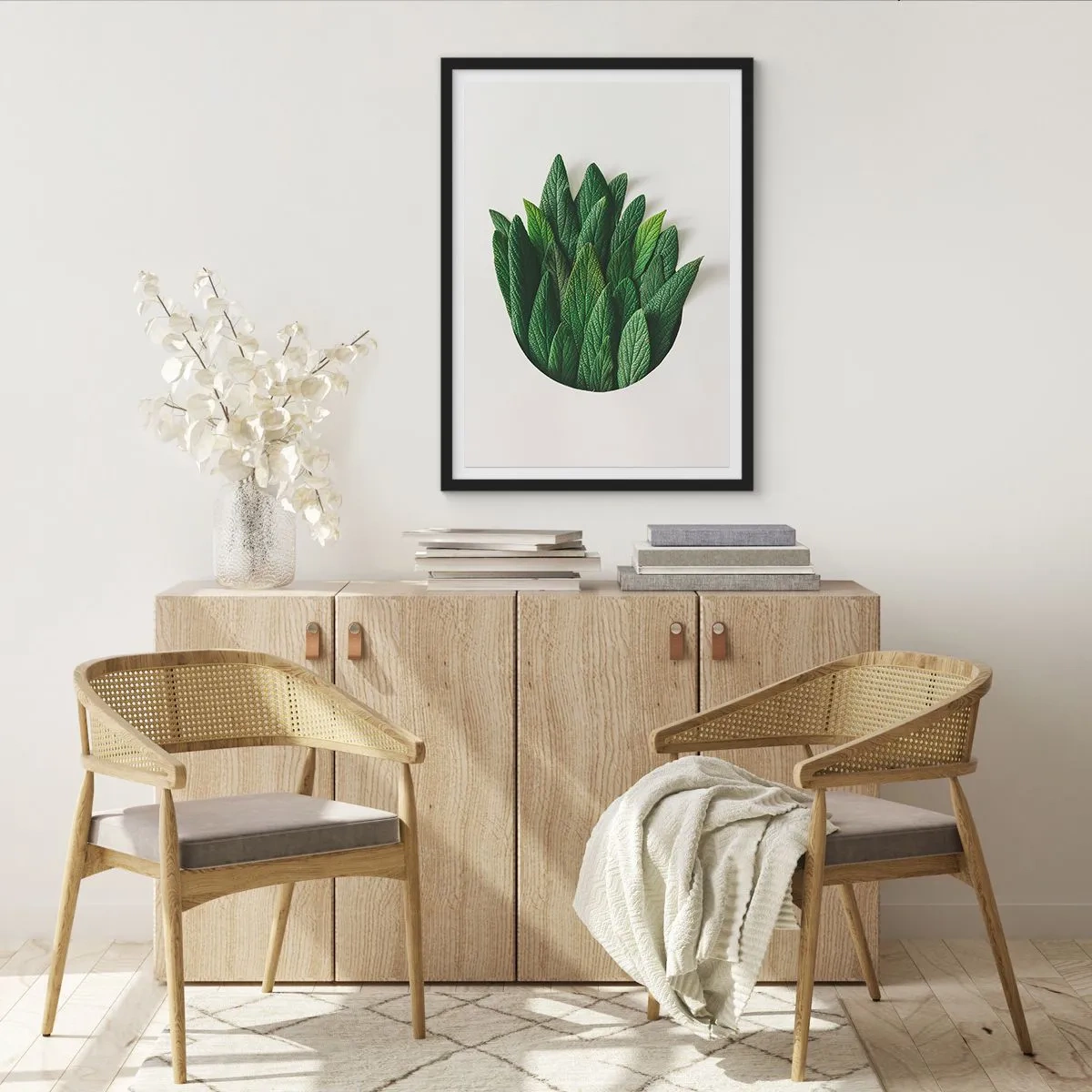 Póster en marco negro - Hojas en una composición artística sobre un fondo blanco. - 50x70cm - Curiosidad desenfrenada - Decoración de pared moderna para salón y dormitorio ARTTOR