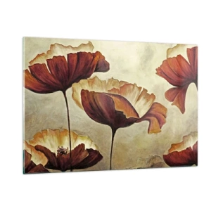 Cuadro sobre vidrio - Impresiones sobre Vidrio - Flores de amapola en tonos rojos y dorados sobre un fondo claro. - 120x80cm - Prado de prados - Decoración de pared moderna para salón y dormitorio ARTTOR