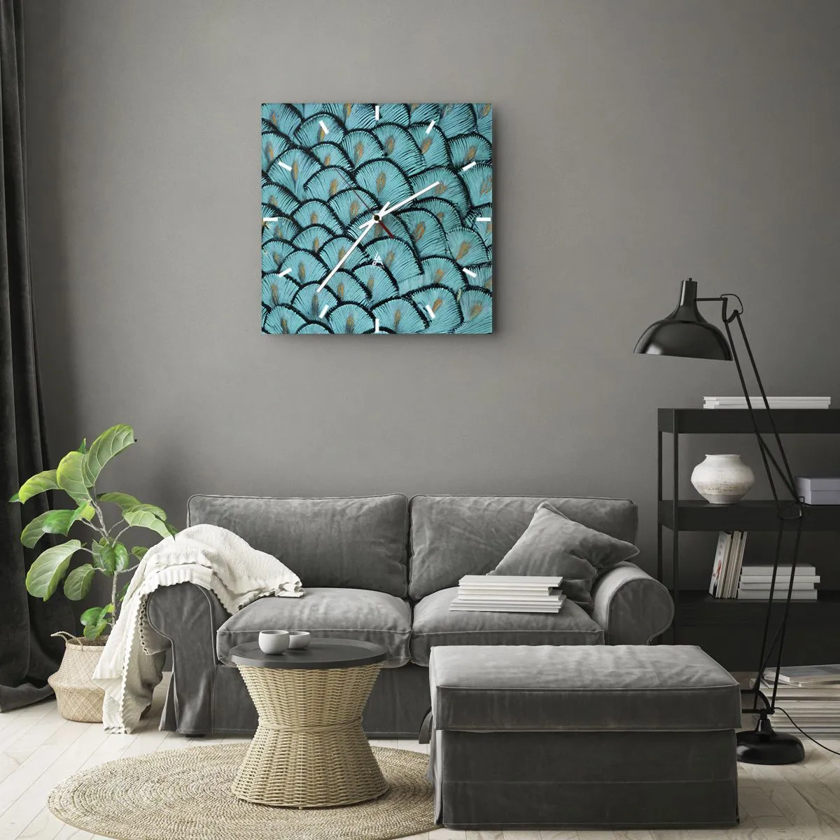 Reloj de pared - Reloj de vidrio - Un patrón que se asemeja a escamas turquesas con acentos dorados. - 30x30cm - La gran gala de las plumas - Decoración de pared moderna para salón y dormitorio ARTTOR