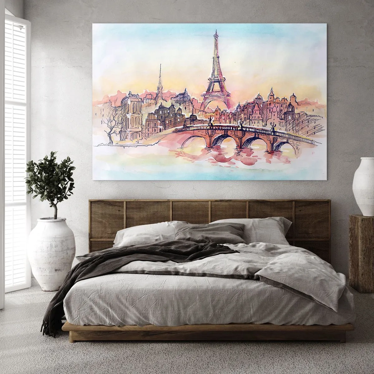Cuadro sobre vidrio - Impresiones sobre Vidrio - Un panorama de París con la Torre Eiffel en un delicado estilo de acuarela. - 70x50cm - Única en el mundo - Decoración de pared moderna para salón y dormitorio ARTTOR