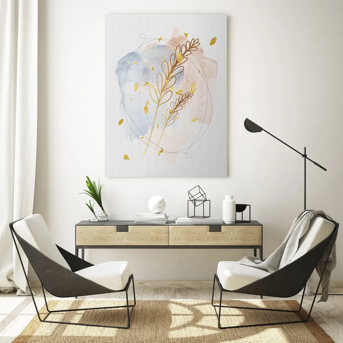 Cuadro sobre vidrio - Impresiones sobre Vidrio - Una delicada composición con ramitas y hojas doradas en acuarela. - 50x70cm - Ráfaga dorada - Decoración de pared moderna para salón y dormitorio ARTTOR