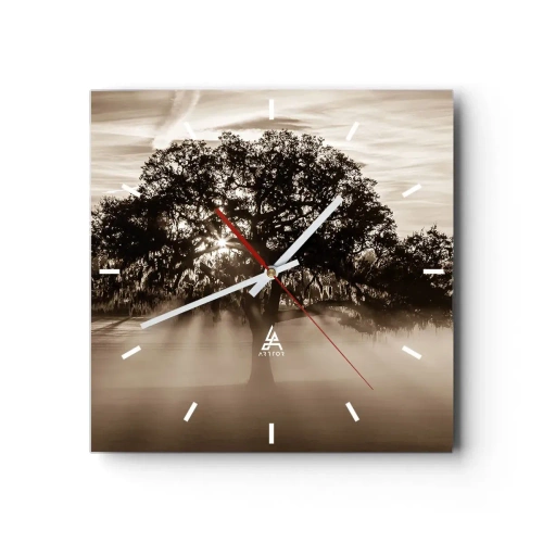 Reloj de pared - Reloj de vidrio - Rayos de sol brillando a través de un árbol solitario. - 30x30cm - Un árbol de buenas noticias - Decoración de pared moderna para salón y dormitorio ARTTOR