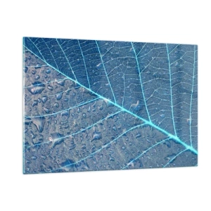Cuadro sobre vidrio - Impresiones sobre Vidrio - Fotografía macro de una hoja con gotas de agua en tonos azules. - 120x80cm - Vida en el azul - Decoración de pared moderna para salón y dormitorio ARTTOR