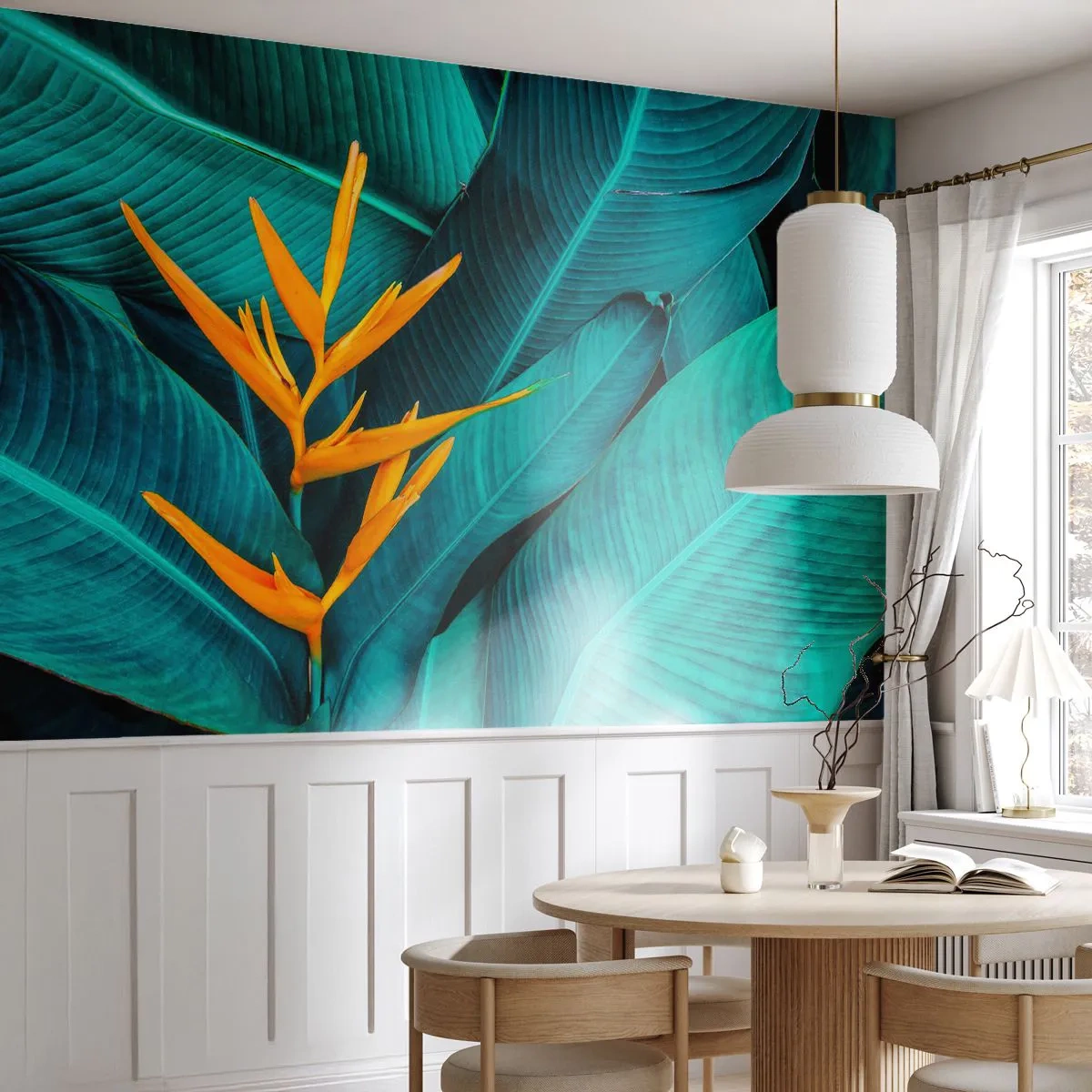 Fotomural Premium Sand - Una flor naranja sobre un fondo de hojas turquesas. - 100x70cm - Flor del Edén - Decoración de pared moderna para salón y dormitorio ARTTOR