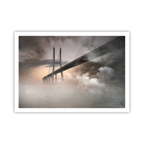 Póster - Un puente sobre un río rodeado de niebla por la mañana. - 100x70cm - Junto al río que no existe - Decoración de pared moderna para salón y dormitorio ARTTOR