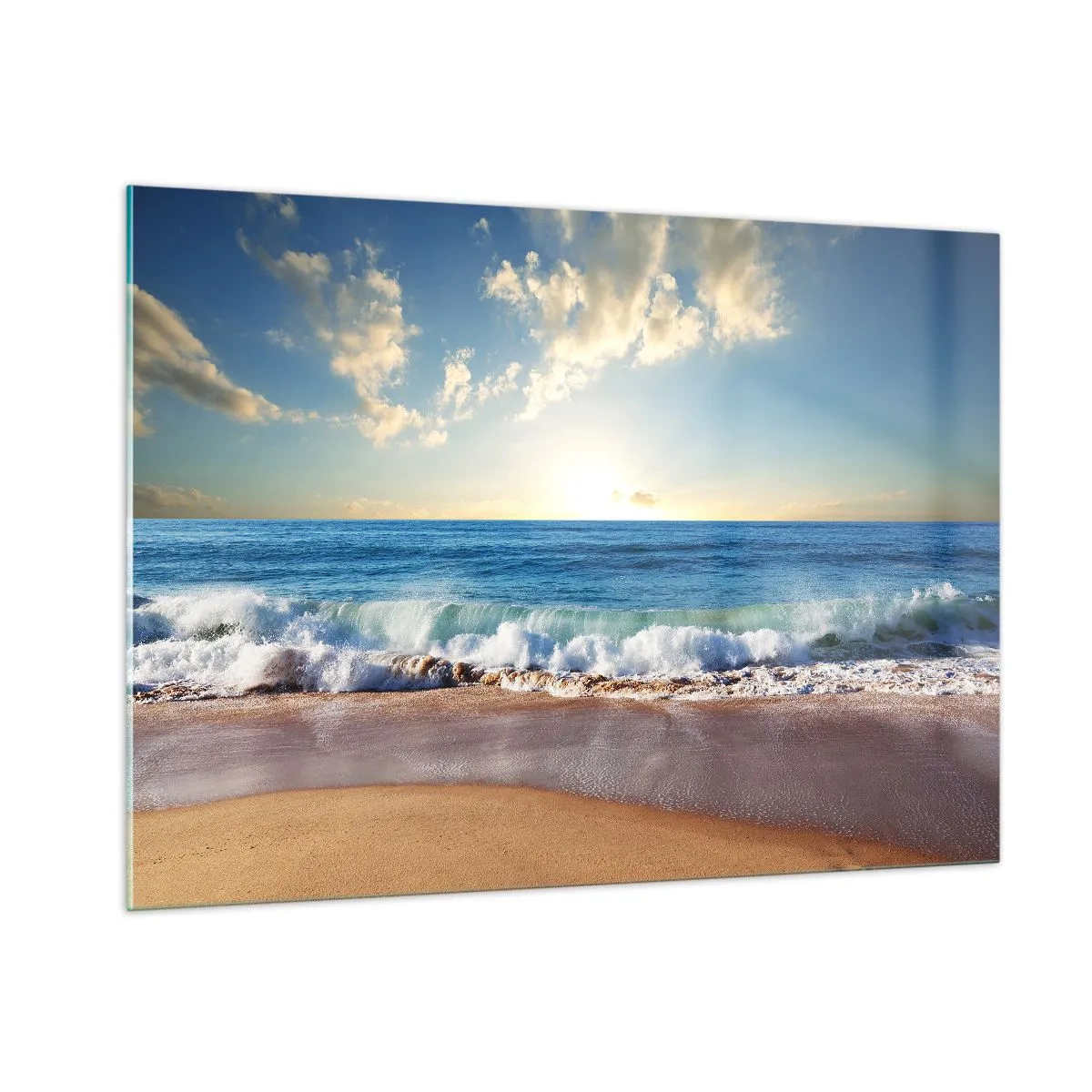 Cuadro sobre vidrio - Impresiones sobre Vidrio - Olas del océano rompiendo en una playa dorada al amanecer - 100x70cm - Movimiento y quietud al mismo tiempo - Decoración de pared moderna para salón y dormitorio ARTTOR
