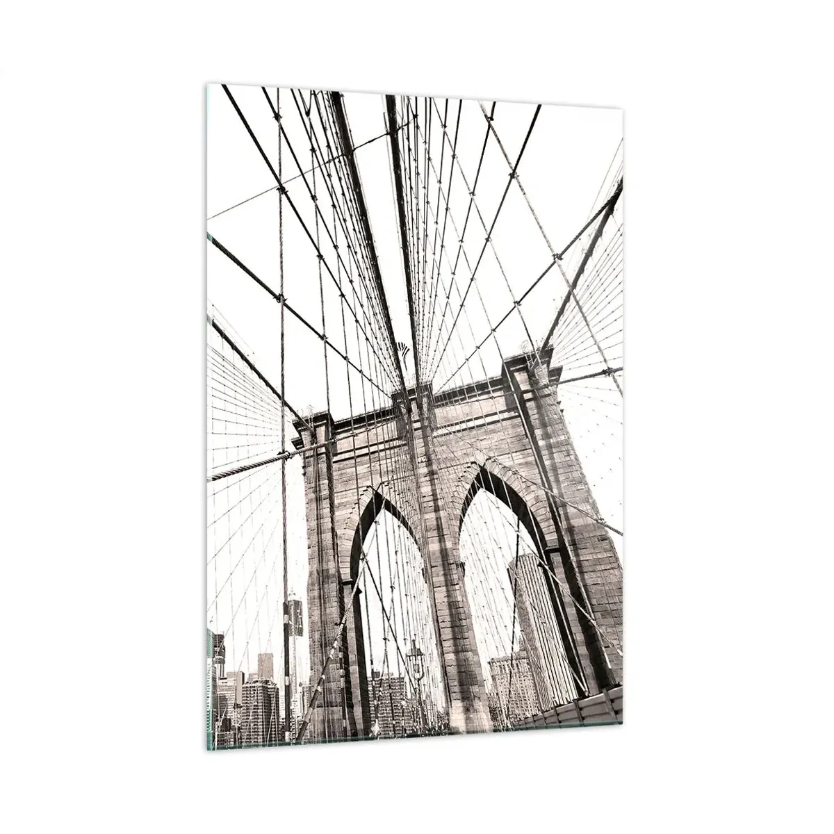 Cuadro sobre vidrio - Impresiones sobre Vidrio - Un puente colgante con un panorama de la ciudad al fondo en sepia. - 50x70cm - Catedral de Nueva York - Decoración de pared moderna para salón y dormitorio ARTTOR