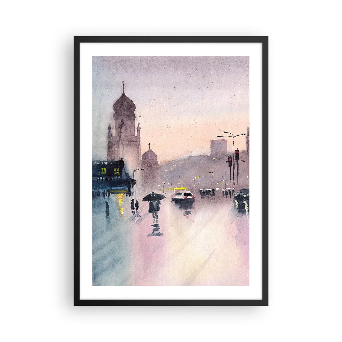 Póster en marco negro - Escena de la ciudad con siluetas de personas y luces en la niebla de la lluvia. - 50x70cm - En una niebla lluviosa - Decoración de pared moderna para salón y dormitorio ARTTOR