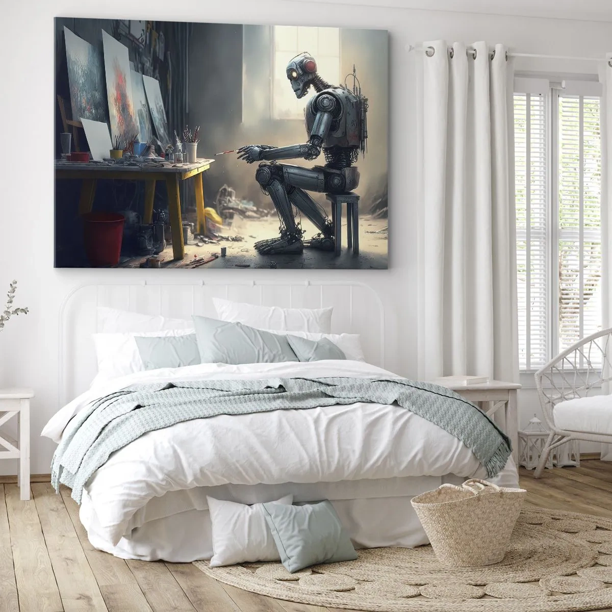 Cuadro sobre lienzo - Impresión de Imagen - Un robot pintando un cuadro en un estudio de arte. - 70x50cm - El acto de creación - Decoración de pared moderna para salón y dormitorio ARTTOR