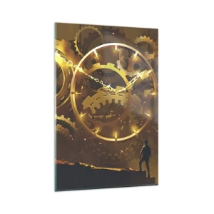 Cuadro sobre vidrio - Impresiones sobre Vidrio - Engranajes dorados en un entorno surrealista con una figura - 80x120cm - En la fuente del tiempo - Decoración de pared moderna para salón y dormitorio ARTTOR