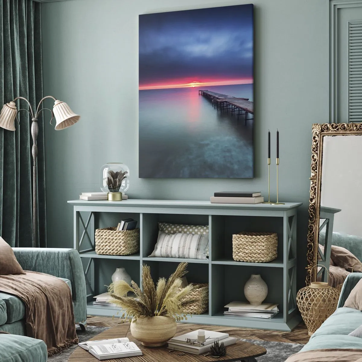 Cuadro sobre lienzo - Impresión de Imagen - Un muelle de madera que conduce directamente al mar al atardecer. - 80x120cm - Entre el cielo y el agua - Decoración de pared moderna para salón y dormitorio ARTTOR