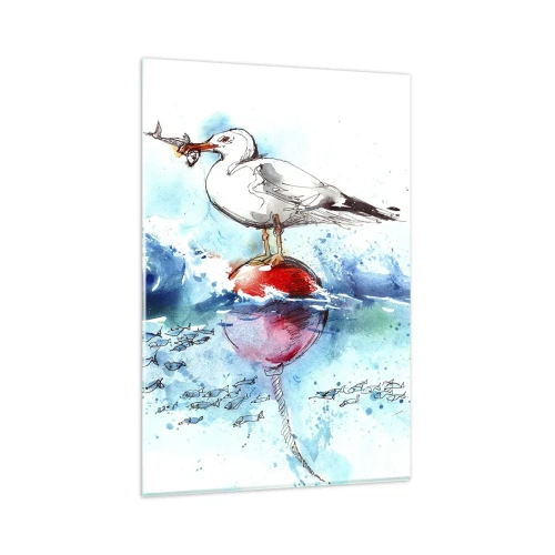 Cuadro sobre vidrio - Impresiones sobre Vidrio - Gaviota en una boya con peces al fondo en estilo acuarela - 80x120cm - Una captura exitosa - Decoración de pared moderna para salón y dormitorio ARTTOR