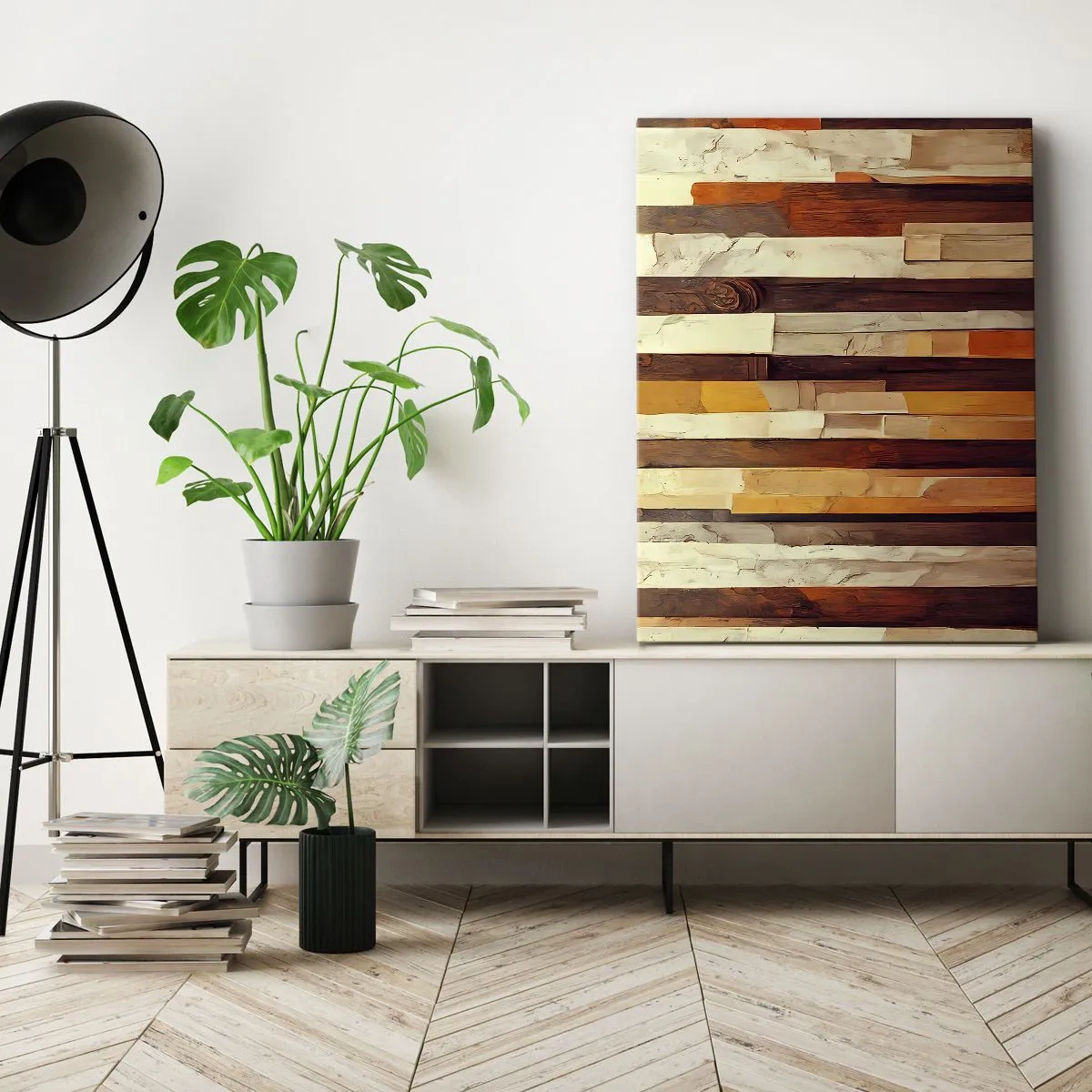 Cuadro sobre lienzo - Impresión de Imagen - Composición geométrica en tonos madera y dorado. - 50x70cm - Himno de los árboles del bosque - Decoración de pared moderna para salón y dormitorio ARTTOR