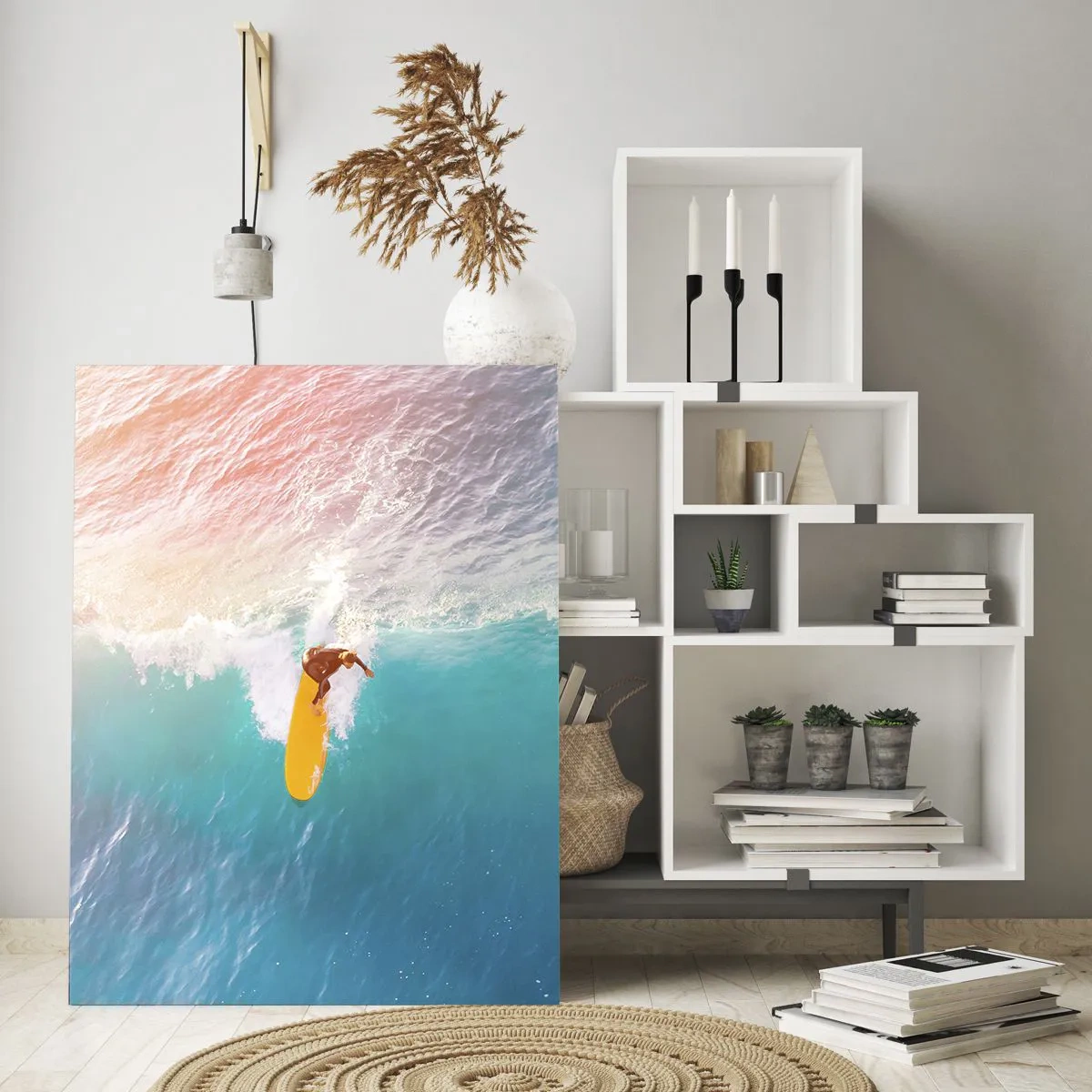 Cuadro sobre vidrio - Impresiones sobre Vidrio - Surfista montando una ola en el océano turquesa - 50x70cm - Jinete del océano - Decoración de pared moderna para salón y dormitorio ARTTOR