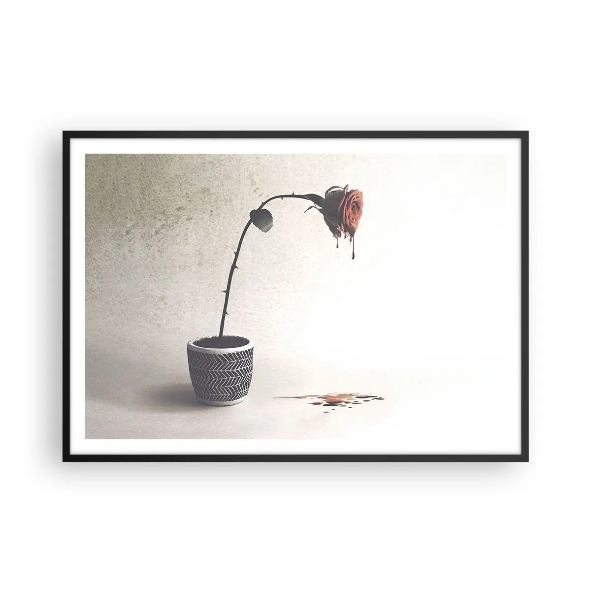 Póster en marco negro - Una rosa roja en una maceta con gotas de tinte sobre un fondo blanco. - 100x70cm - Rosa dolorosa - Decoración de pared moderna para salón y dormitorio ARTTOR