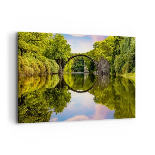 Cuadro sobre lienzo - Impresión de Imagen - Un puente de piedra sobre un río con un reflejo perfecto en el agua. - 120x80cm - En el punto de encuentro de dos mundos - Decoración de pared moderna para salón y dormitorio ARTTOR