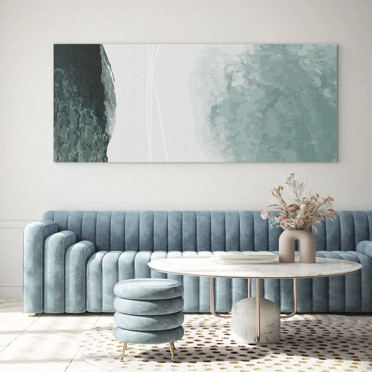 Cuadro sobre vidrio - Impresiones sobre Vidrio - Una delicada composición abstracta en tonos verdes con formas sutiles sobre un fondo claro. - 140x50cm - Un encuentro con la niebla - Decoración de pared moderna para salón y dormitorio ARTTOR
