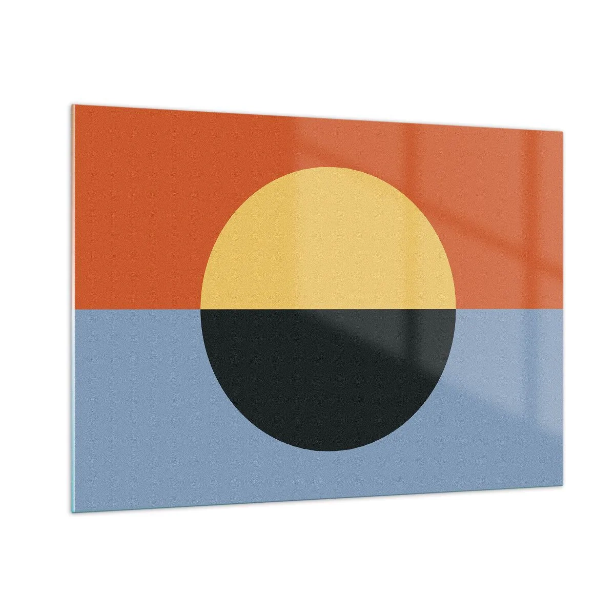 Cuadro sobre vidrio - Impresiones sobre Vidrio - Composición abstracta con un círculo en tonos cálidos y fríos. - 100x70cm - Una composición de calidez y frescura - Decoración de pared moderna para salón y dormitorio ARTTOR