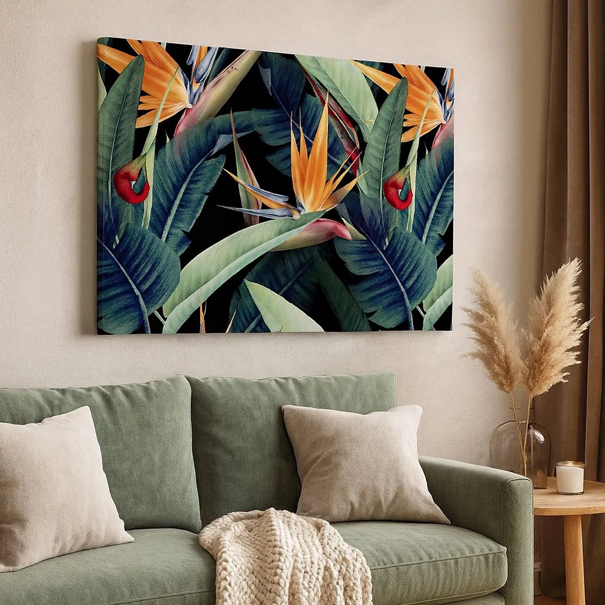 Cuadro sobre lienzo - Impresión de Imagen - Flores y hojas tropicales sobre fondo negro. - 70x50cm - Flores de llamas de los trópicos - Decoración de pared moderna para salón y dormitorio ARTTOR