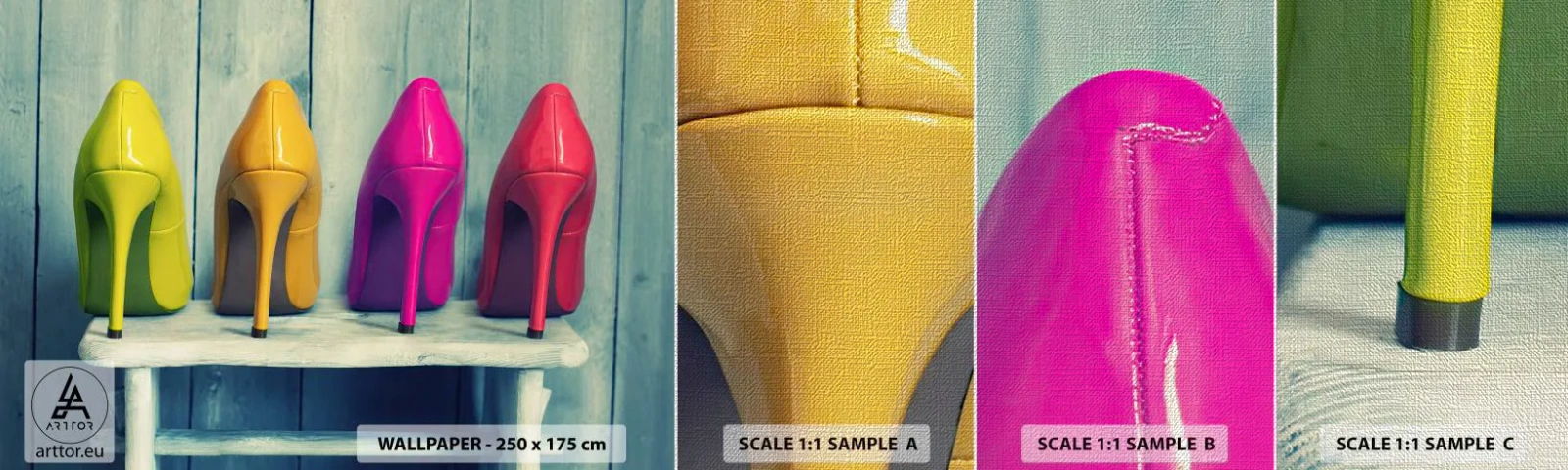 Muestra de fotomural Premium Canvas - Caminando sobre un arco iris - Moda, Mujer, Zapatos de mujer - 100x30 cm