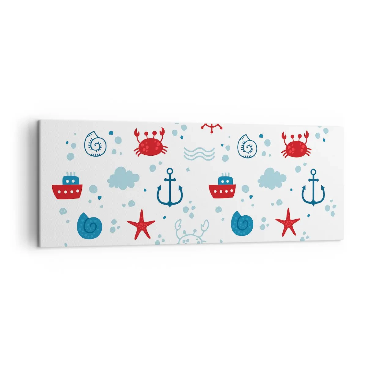 Cuadro sobre lienzo - Impresión de Imagen - Patrón náutico con anclas, barcos y cangrejos. - 140x50cm - Un cuento de mar - Decoración de pared moderna para salón y dormitorio ARTTOR