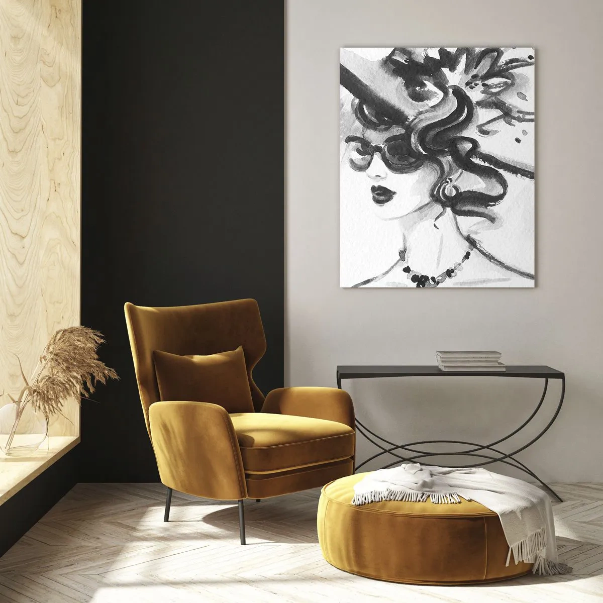 Cuadro sobre vidrio - Impresiones sobre Vidrio - Retrato en blanco y negro de una mujer con sombrero. - 50x70cm - Una dama con carácter - Decoración de pared moderna para salón y dormitorio ARTTOR