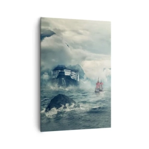 Cuadro sobre lienzo - Impresión de Imagen - Un paisaje misterioso con un castillo, montañas y un barco. - 70x100cm - En aguas mágicas - Decoración de pared moderna para salón y dormitorio ARTTOR